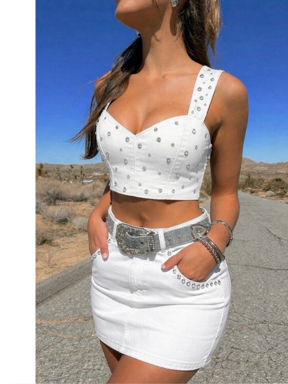 Show me your mumu - Shania White Studded Sweetheart Crop Top and skirt - Women